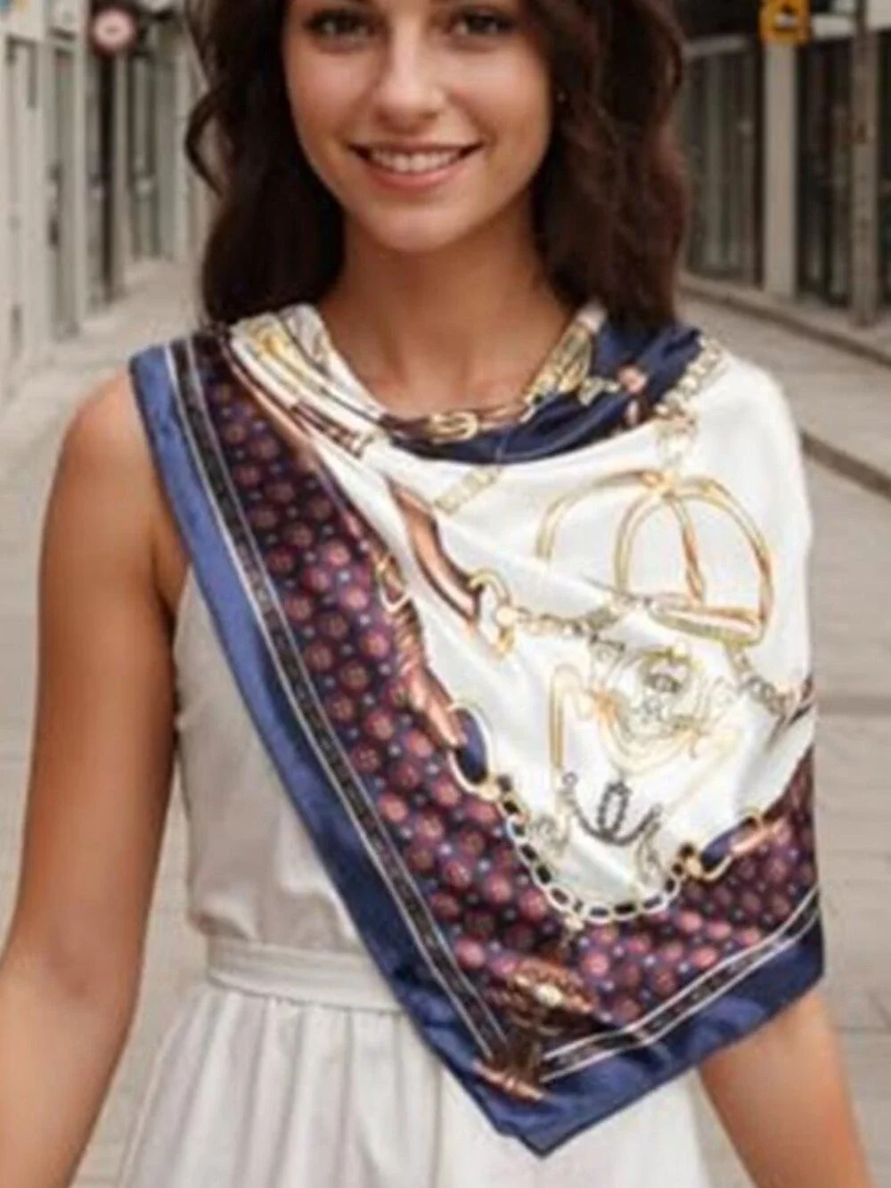 Head Scarf Like Silk Scarf Hair Scarf Printed Square Scarf Chain in Navy & Gold